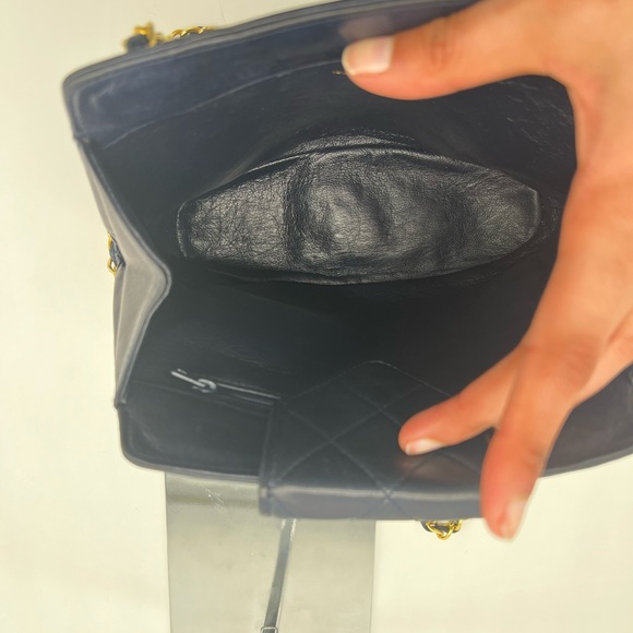 Vintage Chanel Leather Tassel Shoulder Bag- Navy Blue with 24K Gold Plated Chain - Picture 9 of 16